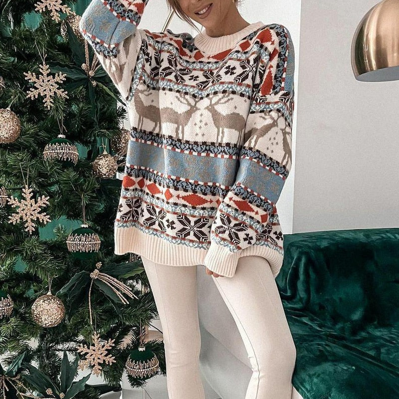 Sweter damski świąteczny z reniferami, luźny krój - Cavrel