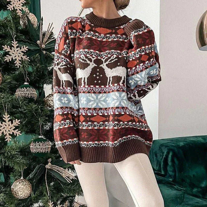 Sweter damski świąteczny z reniferami, luźny krój - Cavrel