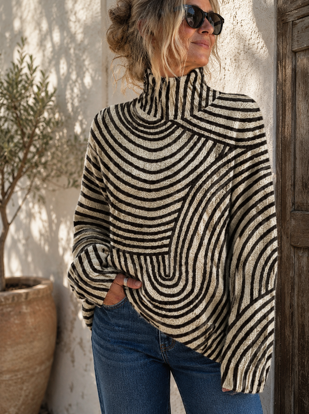 Sweter damski w kolorowe pasy, golf, luźny krój - Cavrel