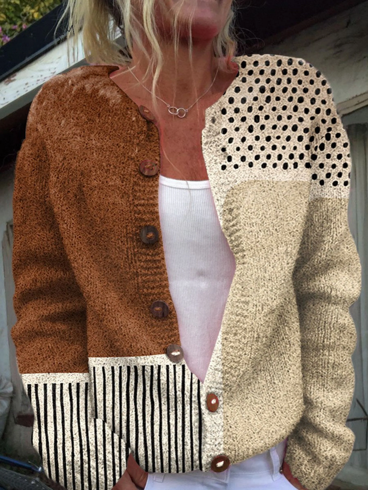 Sweter damski rozpinany w stylu multikolor z rękawami w groszki - Cavrel