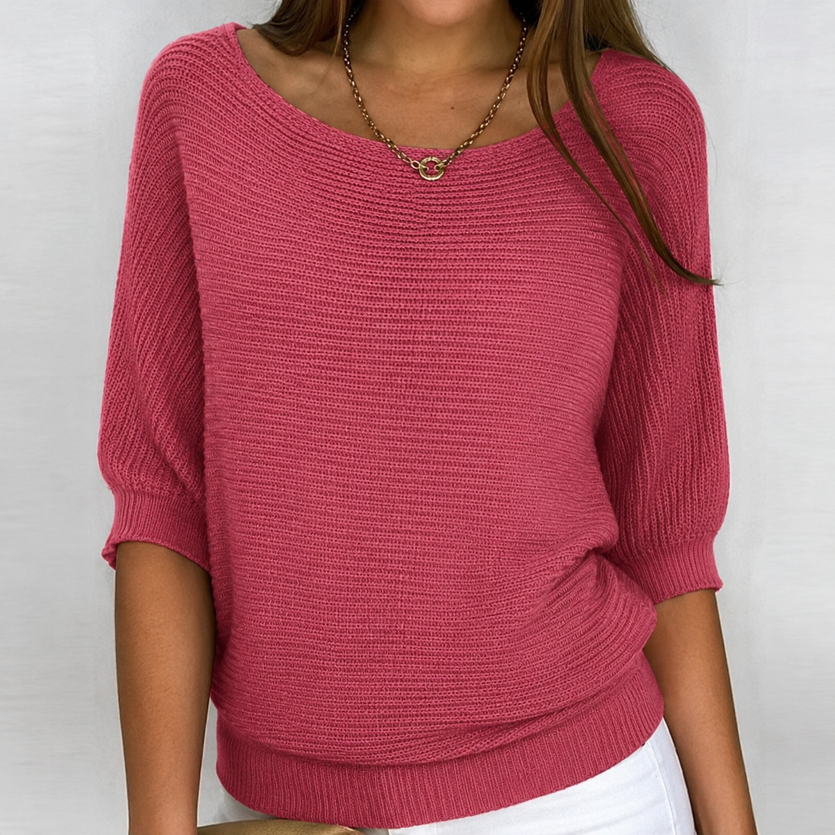 Sweter damski prążkowany oversize z rękawem 3/4 - Cavrel