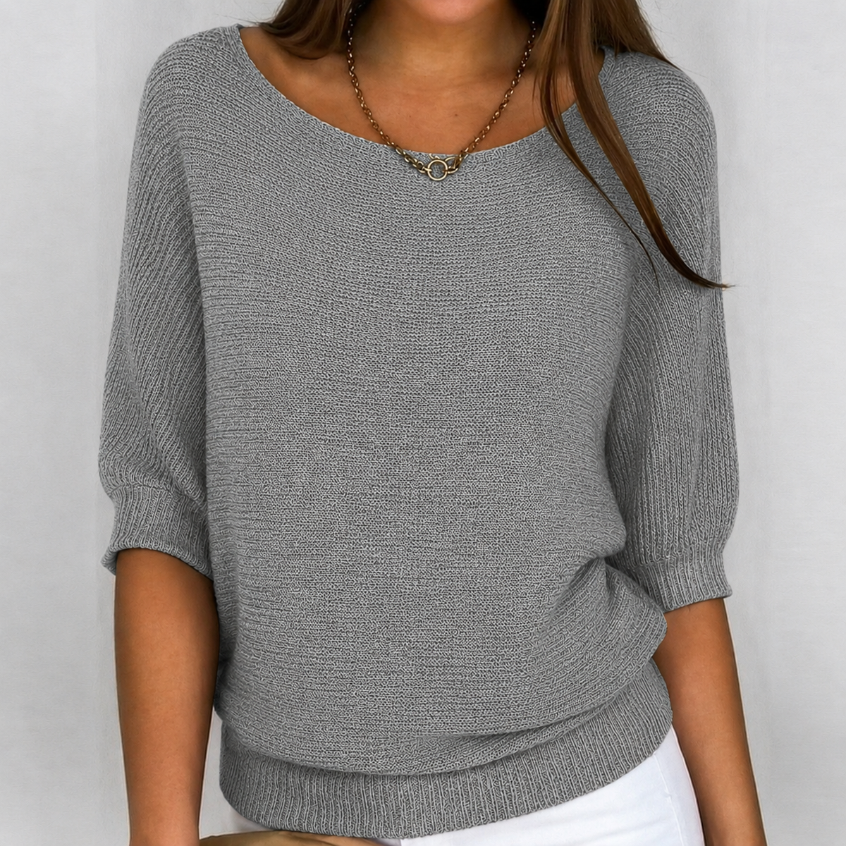 Sweter damski prążkowany oversize z rękawem 3/4 - Cavrel