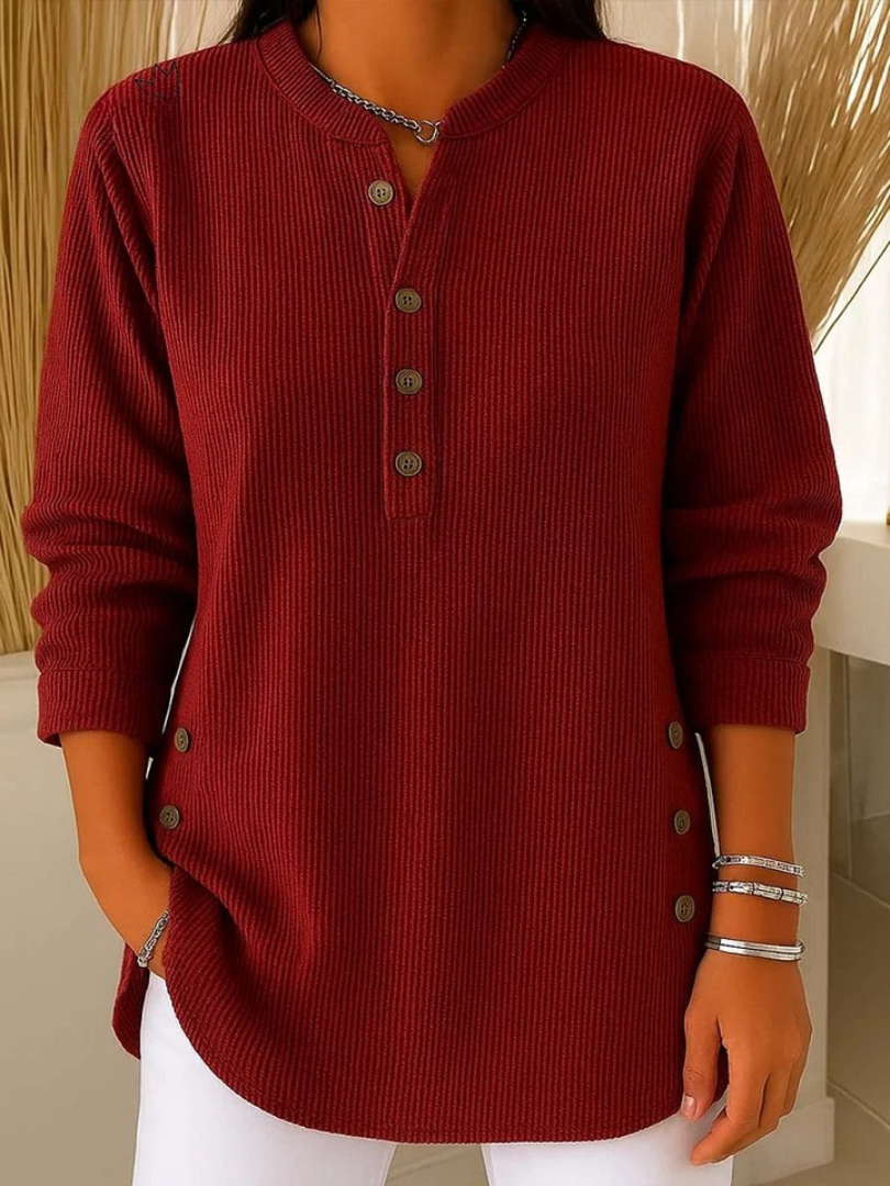 Top damski henley z prążkowanej dzianiny z guzikami - Cavrel