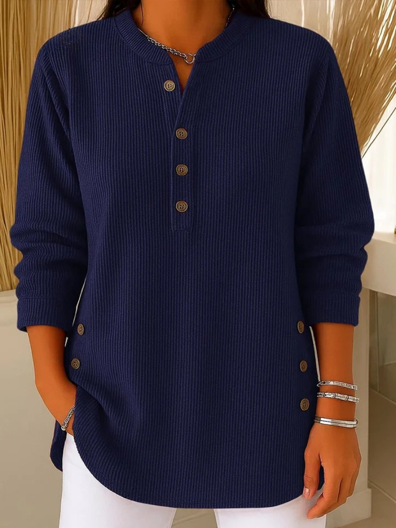 Top damski henley z prążkowanej dzianiny z guzikami - Cavrel