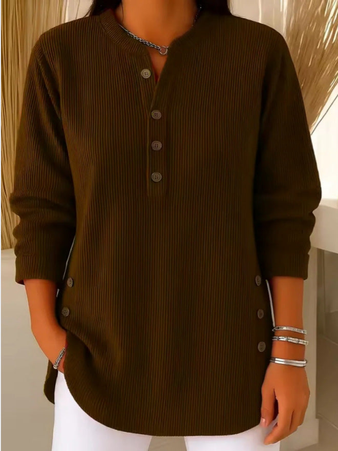 Top damski henley z prążkowanej dzianiny z guzikami - Cavrel
