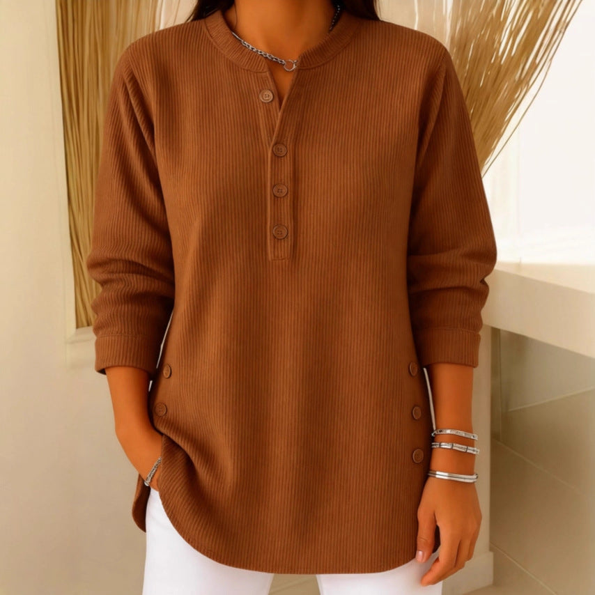 Top damski henley z prążkowanej dzianiny z guzikami - Cavrel