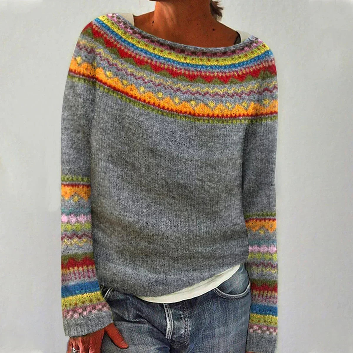 Sweter damski prążkowany z kolorową lamówką i rękawami - Cavrel