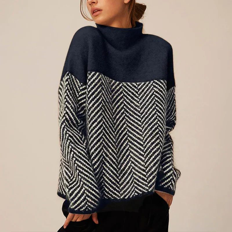 Sweter damski z golfem w wzór chevron, kolorystyka blokowa - Cavrel