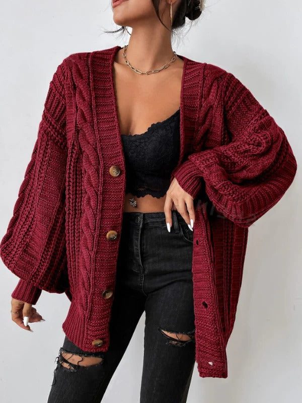 Sweter rozpinany damski oversize z warkoczowym splotem - Cavrel