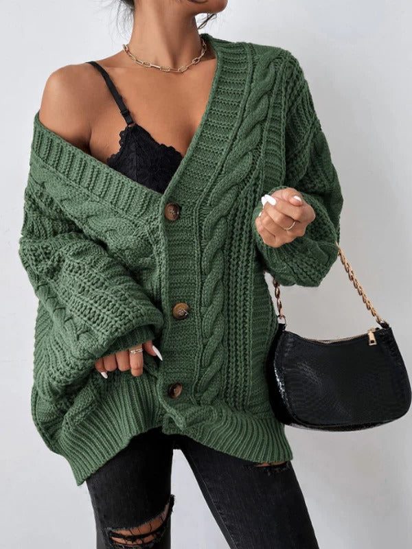 Sweter rozpinany damski oversize z warkoczowym splotem - Cavrel